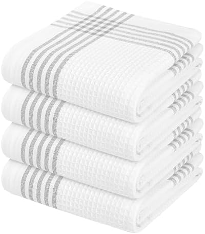 Waffle White & Grey Kitchen Towels 4 Pack, 100% Cotton, 16x26 inches, Quick by SoftopiaCotton