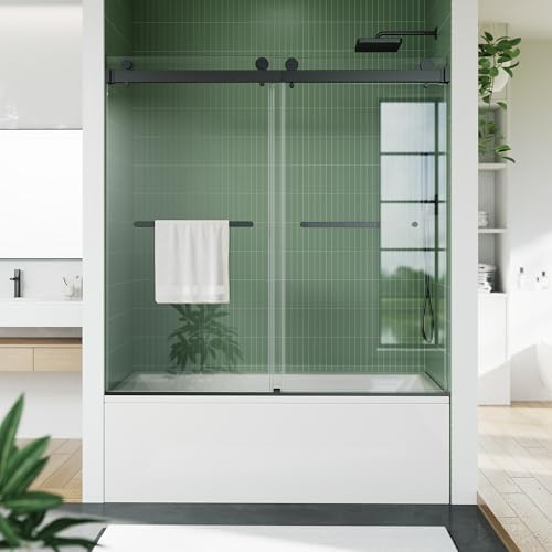 Frameless Sliding Shower Door, 60x59 Inches, 6mm Tempered Glass & Matte Black by Unknown