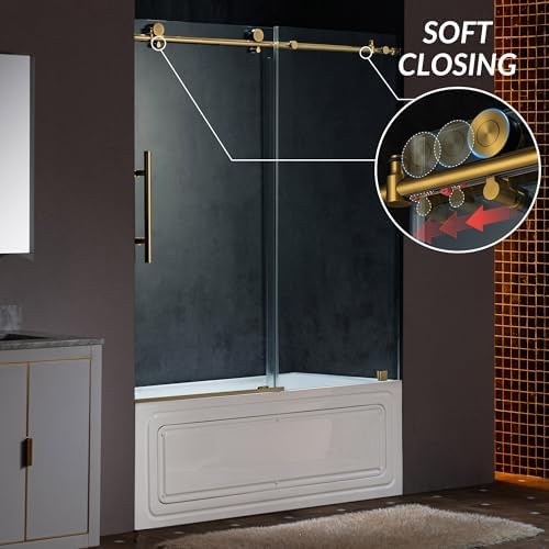WOODBRIDGE Frameless Single Sliding Shower Doors in Brushed Gold Finish - Image 2