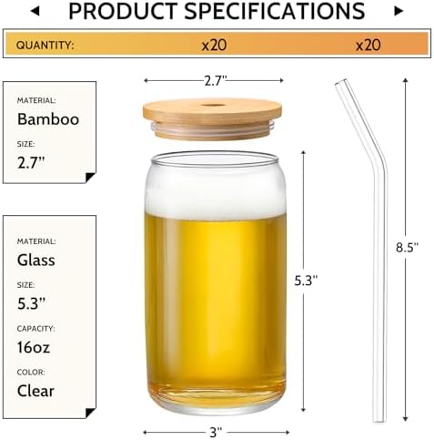 VITEVER Glass Cups with Bamboo Lids and Glass Straw - Image 2