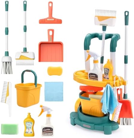 Kids Cleaning Toys with Trolley Storage Rack, Mop and Broom Toy Set by Coolplay