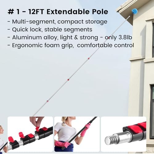 Ceiling Fan Duster Kit - 12 FT Extension Pole - 6-Piece House Cleaning Set - Image 3