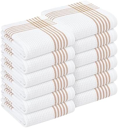 Waffle White & Brown 12 Pack Kitchen Towels Set, 100% Cotton, 16x26 inches by SoftopiaCotton