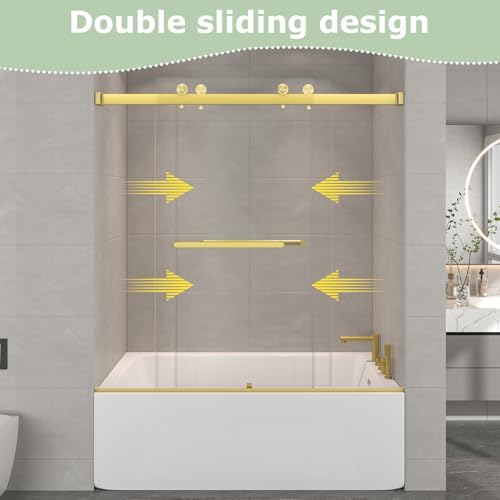 Frameless Clear Double Bypass Sliding Bathtub Shower Door, Brushed Gold Hardware - Image 2