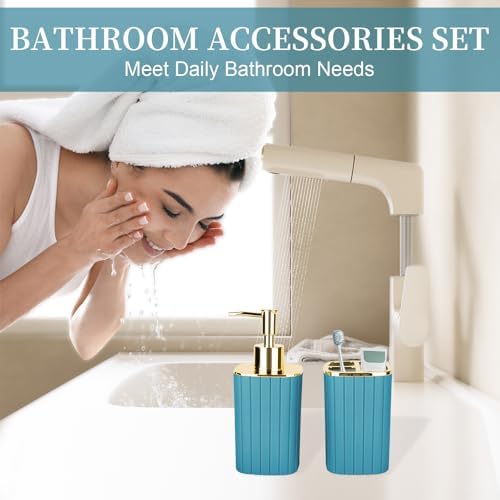 RRM Bathroom Soap Dispenser and Toothbrush Holder Set, Teal Blue - Image 2