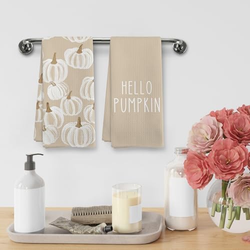 Fall Hello Pumpkin Kitchen Towels and Dishcloths Sets of 2, Fall Beige White - Image 4