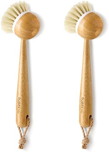 Kitchen Dish Brushes with Bamboo Handle, 2 Pack Dish Scrubber Brush by SUBEKYU