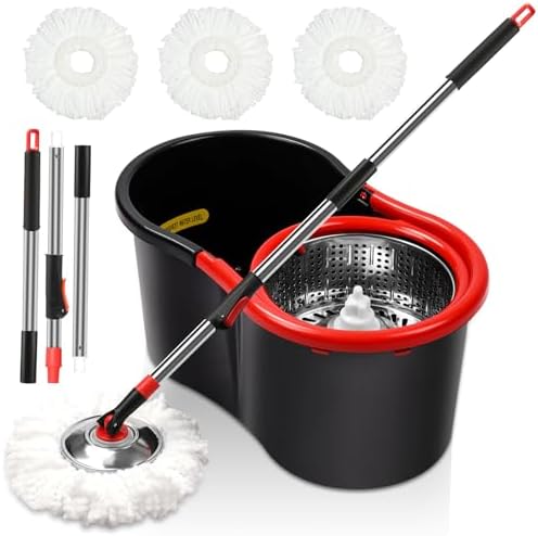 Spin Mop and Bucket with Wringer Set, 3 Microfiber Mop Heads by COOFEL