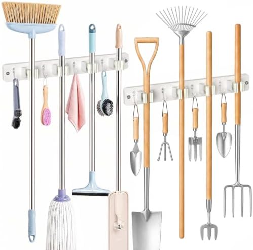Broom Holder Wall Mounted, 2 Pack White 4 Holders and 4 Hooks Mop Holder by AceMining