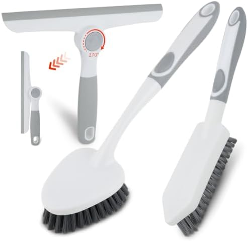 3 Pack Scrub Brush Set with Grout Brush, Shower Brush and Squeegee by BRUSHFAMILY