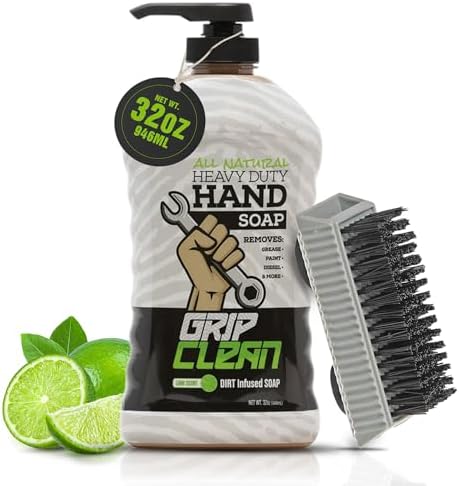 Heavy Duty Liquid Mechanic Hand Cleaner, 32 Fl Oz Pump Top, Nail Brush by GripClean