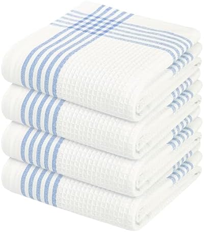 Waffle White & Sky Blue Kitchen Towels 4 Pack, 100% Cotton 16x26 inches by SoftopiaCotton
