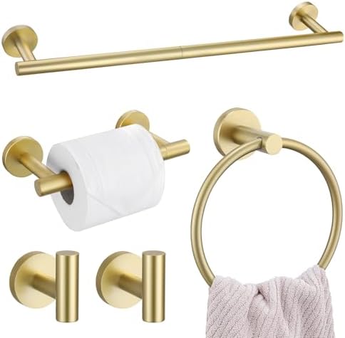 5 Pieces Brushed Gold Towel Bar Set, Upgraded Round Bathroom Hardware by SOAEZ