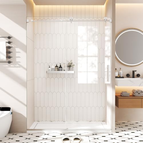 56"-60"W x 76"H Frameless Shower Door, 3/8"Tempered Glass, Brushed Nickel by BATHWILLER
