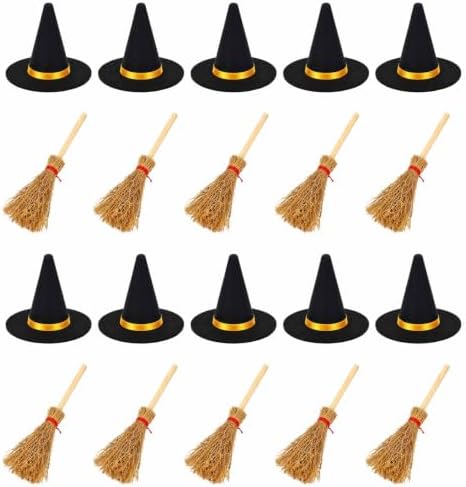 50 Pcs Mini Witch Hat & Mini Broom Set Mini Plastic Witch Hats by hhdatc