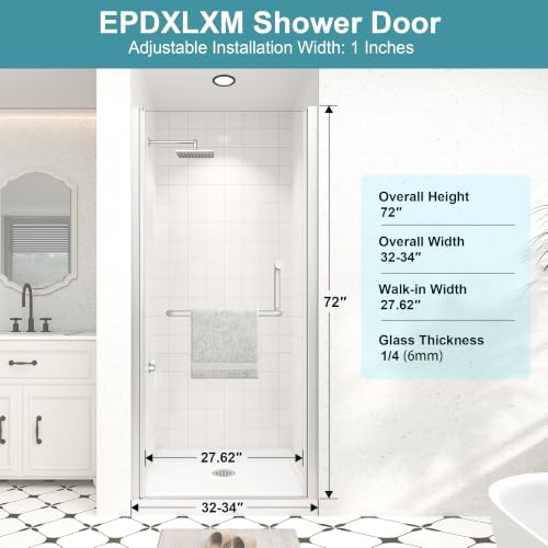 Frameless Pivot Shower Door, 32-34" Wx72 H, 1/4" Brushed Nickel - Image 2