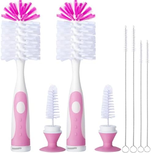 Pink Baby Bottle Brush 2-Pack, Suction Base & Hidden Cleaner by CAREBABYMORE
