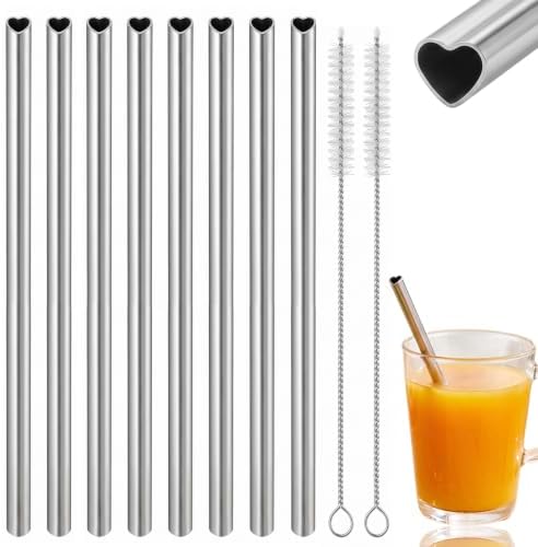 8 Pcs Reusable Metal Straws 8.5” Cute Heart Stainless Steel Straws by Unknown