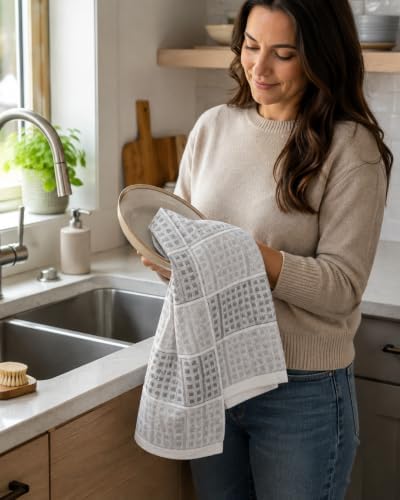 Black Grey Kitchen Hand Dish Towels, Waffle Checkered - Image 2