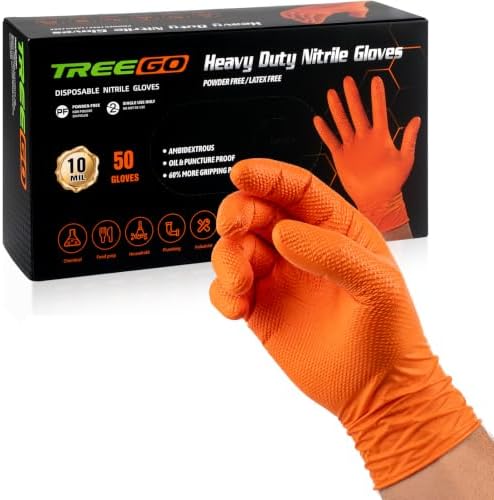 TREEGO 10 Mil Heavy Duty Orange Nitrile Mechanic Gloves by Treego