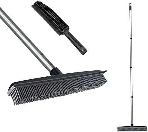 Rubber Broom with Squeegee Fur and Long Handle, Carpet Rake and Lint Brush Set by LandHope