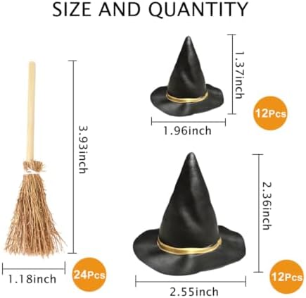 Halloween Mini Witch Hats and Straw Brooms 48Pcs Home Craft Party Decor Kit - Image 2