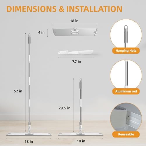 Flat Microfiber Mop for Floor Cleaning, 18 inch Aluminum Base, Adjustable - Image 3