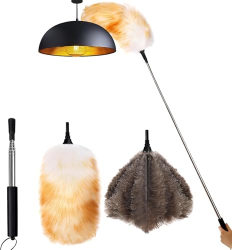 Lambswool Feather Duster with Extension Pole up to 57.5inch, Extendable Feather by Leories