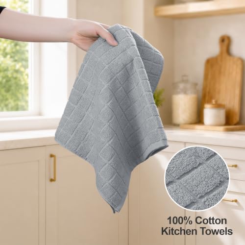 Kitinjoy Premium Cotton Check Kitchen Towels 6 Pack, Light Grey - Image 3