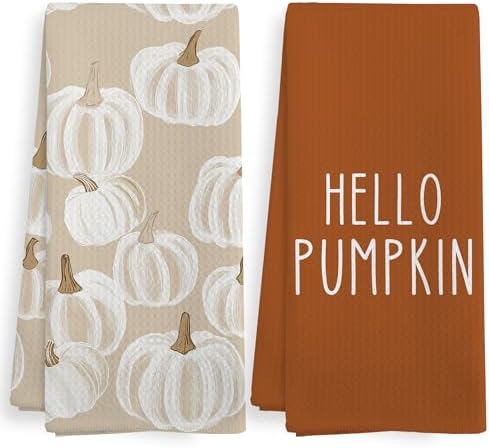 Fall Hello Pumpkin Kitchen Towels and Dishcloths Sets of 2, Fall Burnt Orange by XNXLDYLH