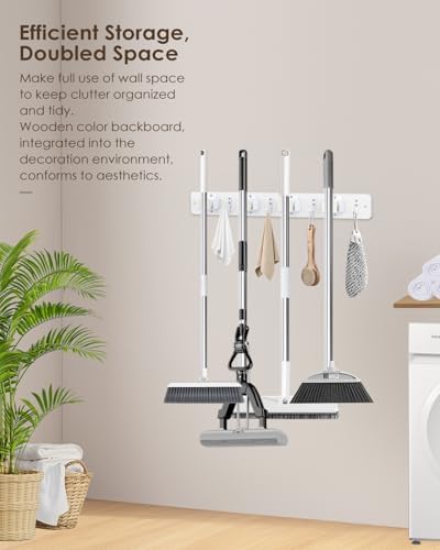 AceMining White Broom Holder Wall Mount, 4 Holders 4 Hooks Mop Holder - Image 5