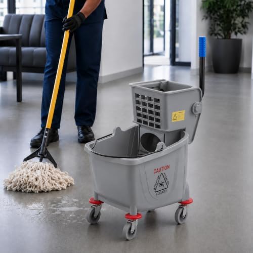Commercial Mop Bucket with Wringer on Wheels | Gray 26 Quart - Image 3