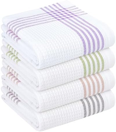 Waffle White & Multi Colors Kitchen Towels 4 Pack, 100% Cotton, 16x26 inches by SoftopiaCotton