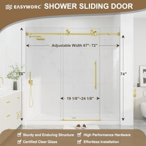 67-72" W X 78" H Frameless Glass Shower Doors Brushed Gold - Image 6