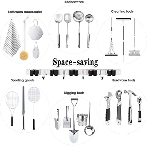 2 Pack Broom Holder Wall Mount, 5 Racks 4 Hooks Mop and Broom Organizer - Image 4