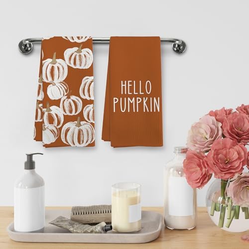 Fall Hello Pumpkin Kitchen Towels and Dishcloths Sets of 2, Fall Burnt Orange - Image 4