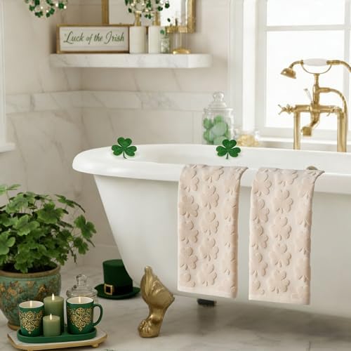 2 Pack Patricks Day Hand Towels Beige Clover Cotton Bathroom Towel Decorative - Image 3