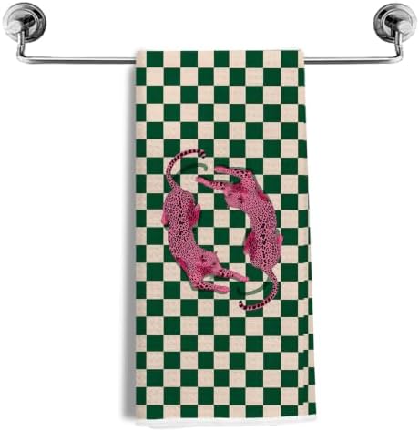 Trendy Hot Pink Leopard Green Checkered Kitchen Towels 16x24 Inch by NEGIGA