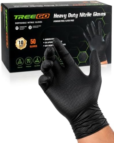 TREEGO 10 Mil Heavy Duty Black Nitrile Mechanic Gloves by Treego
