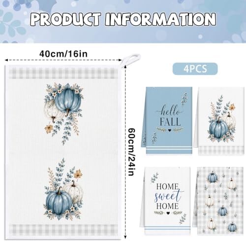 Fall Blue Pumpkin Kitchen Towels 4 PCS, Autumn Hand Towel - Image 3