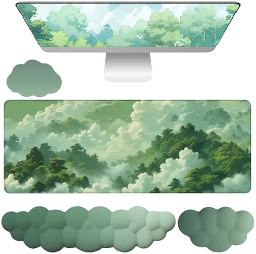 Green Cloud Mouse Pad and Keyboard Wrist Rest 4PCS Extended Forest Mountain by WFCYGL