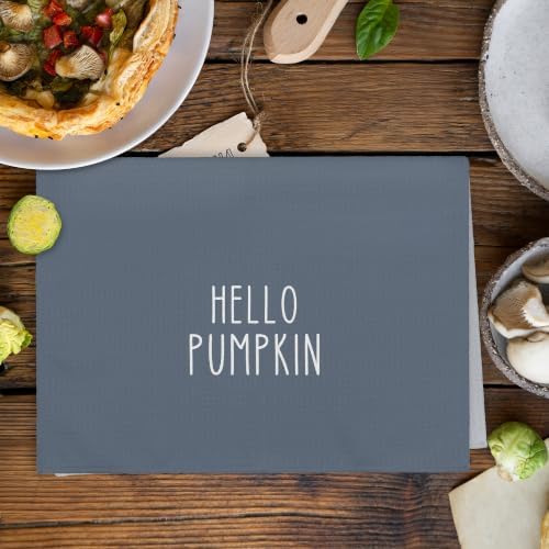 Fall Hello Pumpkin Dusty Blue Kitchen Towels Dishcloths Sets of 2 - Image 3
