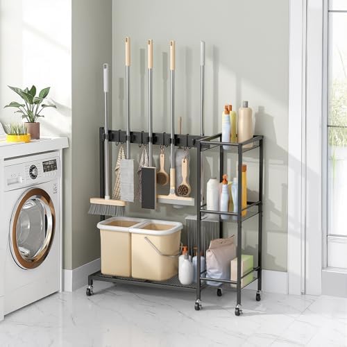 Rolling Broom Organizer Cart, Cleaning Tool Storage Rack, Iron Frame 10 by Unknown