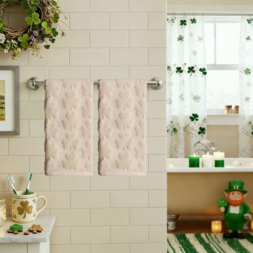 2 Pack Patricks Day Hand Towels Beige Clover Cotton Bathroom Towel Decorative - Image 4