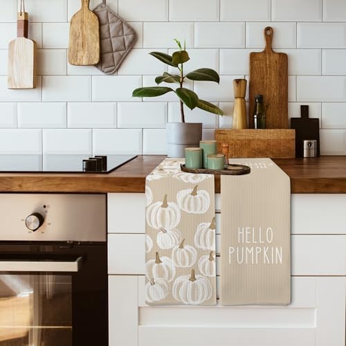 Fall Hello Pumpkin Kitchen Towels and Dishcloths Sets of 2, Fall Beige White - Image 5