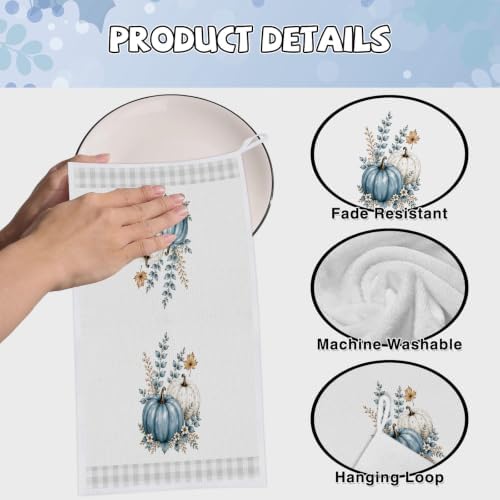 Fall Blue Pumpkin Kitchen Towels 4 PCS, Autumn Hand Towel - Image 4