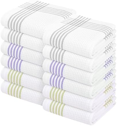 Waffle White & Multi Colors Kitchen Towels 12 Pack, 100% Cotton, 16x26 inches by SoftopiaCotton