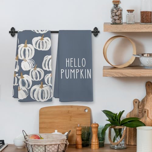 Fall Hello Pumpkin Dusty Blue Kitchen Towels Dishcloths Sets of 2 - Image 2