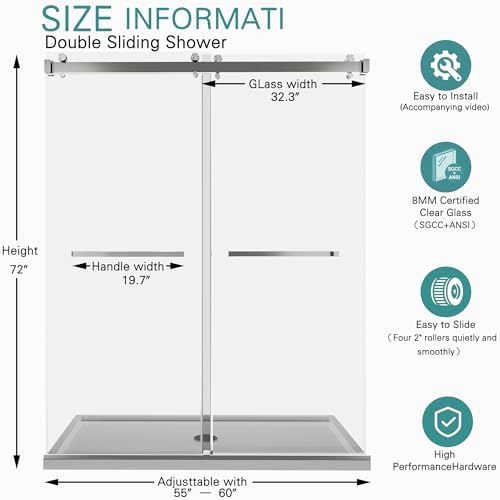 55-60" W x 72"H Frameless Double Sliding Shower Door - Image 2