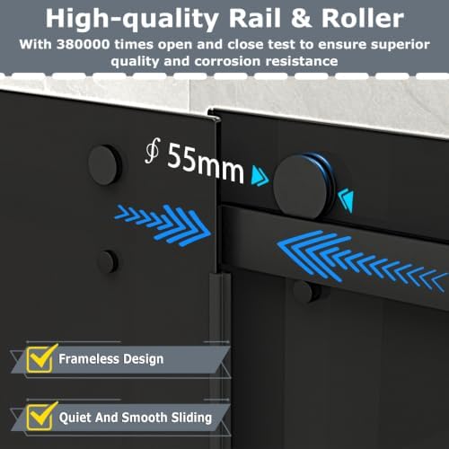 Frameless Double Sliding Tub Door, 55-60"Wx60"H, Euro Gray, Matte Black - Image 5